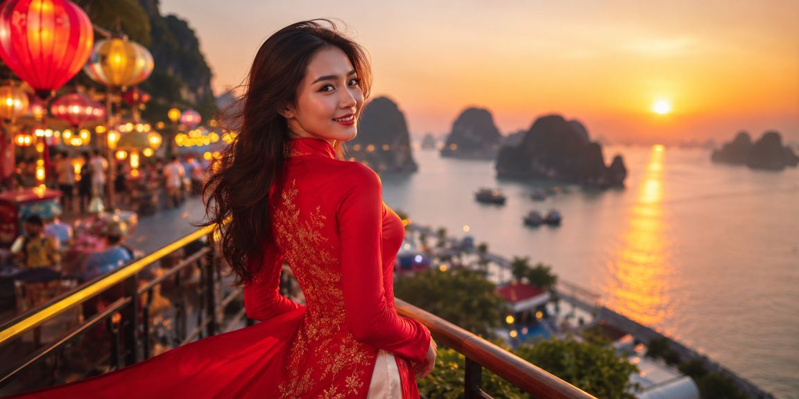Người dùng tại Vịnh Hạ Long sử dụng ứng dụng casino trên điện thoại trong trang phục áo dài