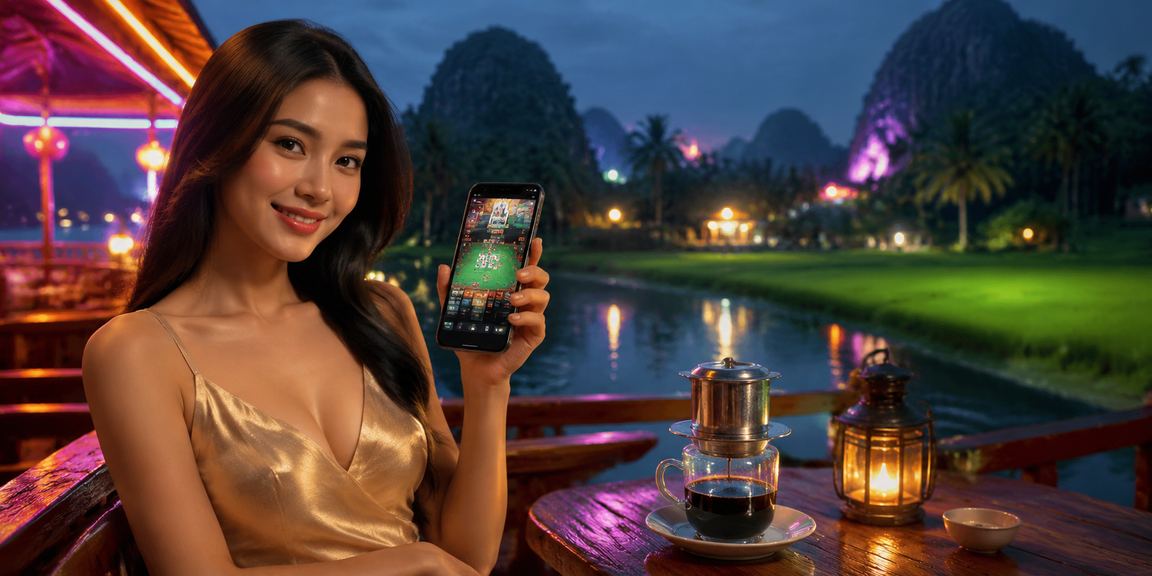 Người dùng tại Ninh Bình sử dụng điện thoại tại quán cà phê để thực hiện giao dịch casino trực tuyến